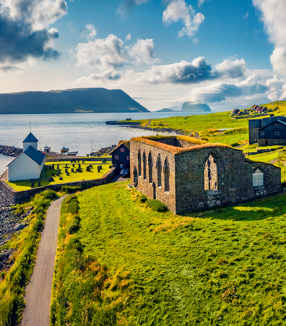 Panoramic,Summer,View,From,Flying,Drone,Of,Kirkjubour,Village,With